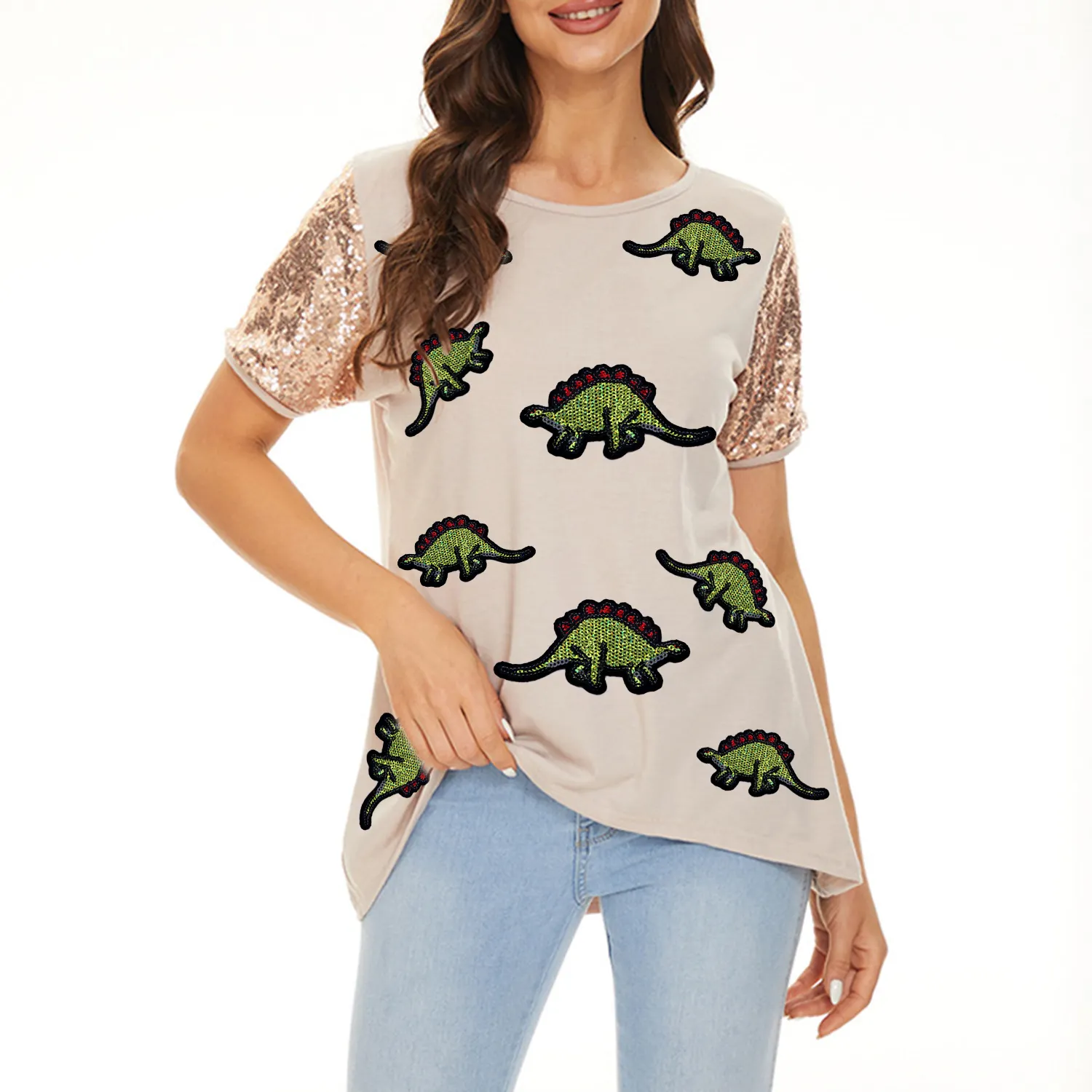 핫 세일 여성 여름 T 셔츠 스팽글 패턴 크루 넥 반팔 통기성 면 맞춤 브랜드 로고 레이디 패션 블라우스