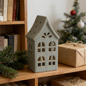 Décoration de <span class=keywords><strong>chalet</strong></span> en céramique avec toit givré et lumière LED - Accent saisonnier pour l'hiver et les fêtes - Product Image 3