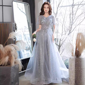 Gray And Pink Evening Gown V Neck Empire Waist Long Dress For Parties Graduations Birthday Events - Product Image 1