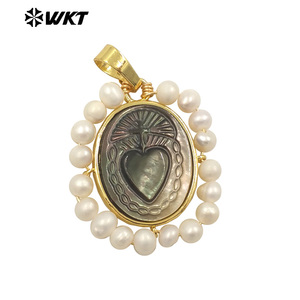 WT-JP254 Chaude à la main sculpté coquille blanche Sacré Coeur pendentif femmes fil enroulé avec perle charme en Marie coeur coquille - Product Image 5
