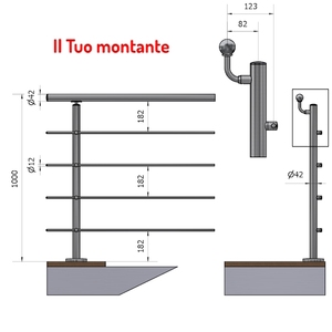 Pasamanos vertical redondo A4 de 42,4mm con acabado satinado compensado AISI 316 para 4 vigas transversales para barandillas Fijación de altura del suelo - Product Image 1