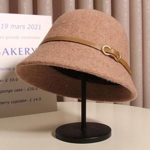 Wool Bucket <b>Hat</b> With Leather Buckle For Women Spring Autumn Foldable <b>Warm</b> <b>Hat</b> - Product Image 3