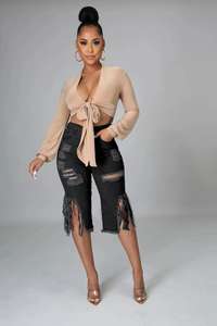 Vente en gros de vêtements jeans de haute qualité pour femmes shorts en jean déchirés jeans courts extensibles à franges sexy - Product Image 3