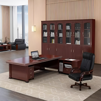 Bureau de direction en bois, grand bureau en forme de L, bureau de manager en bois massif avec armoire latérale, coussin en cuir, mobilier de bureau