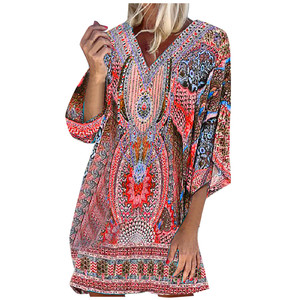 Vestido de mujer con estampado étnico con cuello en V Playa Tiempo libre en vacaciones Vestido bohemio de manga larga Sukienka Damska Vestido Mujer Verano - Product Image 3
