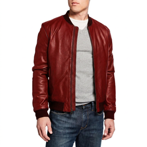 Men's Genuine Leather Bomber Jacket Solid Color <b>Covered</b> <b>Button</b> Closure Stand Casual Style Winter Wear Varsity Adults Breathable - Product Image 2