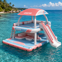 Île flottante gonflable haut de gamme pour lac avec comptoir de bar, canapé lounge et auvent d'ombrage pour les loisirs en famille, la plage et les centres de villégiature