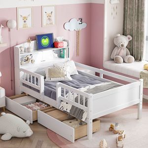 White Children's <b>Storage</b> Bed With Headboard Bookshelf And Drawers For <b>Kids</b> Bedroom - Product Image 1