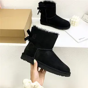 Fashion Sheepskin Fur Lining Winter Warm Boots Mid Calf Leather Short Fashion Bow Snow Boot For Woman
