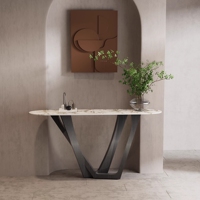 Console mobile contemporaine de luxe léger en métal avec plateau en pierre pour entrées, couloirs et salons