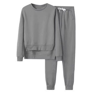 Ensemble de survêtement en tricot gris pour femmes, 2 pièces, sweat-shirt et pantalon de jogging, col rond, coupe ample, couleur unie, décontracté, à porter toute l'année - Product Image 1