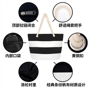 Women's Canvas Beach Bag With Rope Handle Zipper Closure Striped Patchwork Design Large Capacity For Travel Shopping - Product Image 1