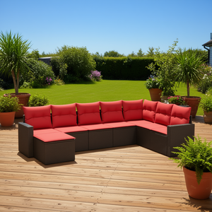 Set Divano da Esterno Moderno in Polyrattan Marrone con Cuscini, 8 Posti, Arredamento da Giardino - Product Image 2