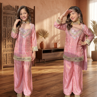 Conjunto de Salwar Dupatta Bordado TENNECY para Niñas, Estilo Tradicional Indio Pakistaní, Largo Regular, Corte Regular, Seda Chinon