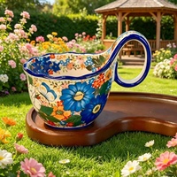 Ensemble de tasses à café, thé et eau en céramique à motif floral peint à la main, avec poignée incurvée, sous glaçure, pour petit-déjeuner, flocons d'avoine, lait, capacité 450 ml