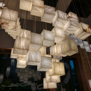 Modern Minimalist Square Box <strong>Natural</strong> Marble Pendant <strong>Light</strong> Spanish Alabaster <strong>Shade</strong> for Hotel Lobby Living Room Kitchen Island - Product Image 1