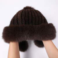 Bonnet d'hiver personnalisable pour femme en tricot de vison avec pompon en fourrure de renard, réglable, confortable, élégant, en peluche, avec logo en caoutchouc en relief