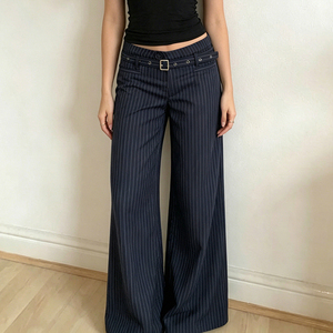 Pantalones de oficina a rayas para mujer, estilo urbano, con cremallera, ecológicos, transpirables, de pierna recta, con cinturón y botón, informales de verano para ir al trabajo - Product Image 5