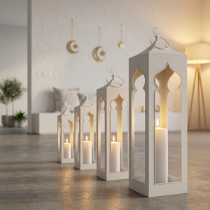 Lanternes à bougies en métal de forme mosquée, couleur blanche, dernières nouveautés des fabricants, pour la décoration des fêtes d'Iftar du Ramadan - Product Image 2