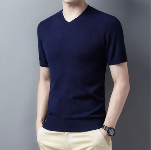 Suéter de punto de manga corta con cuello en V de color liso para <span class=keywords><strong>hombre</strong></span>, estilo casual, ideal como capa base, novedad de otoño, venta al por mayor. - Product Image 4