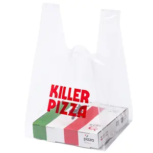 Caja de plástico para pastel de Pizza, bolsa de embalaje de 8, 9, 10 y 12 pulgadas con mango troquelado, con impresión de logotipo