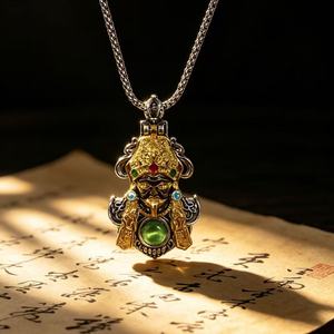 Collier Rétro Zhaqilam en Or Sable avec Mantra à Six Syllabes, Collier Tibétain en <span class=keywords><strong>Argent</strong></span>, Collier Protecteur de la Bénédiction Dharma - Product Image 1