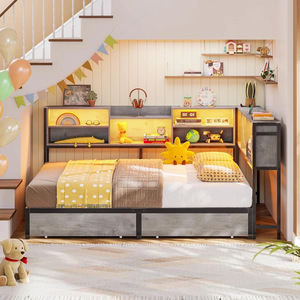 Cross-border floor-standing metal wrought iron <b>bed</b> frame with <b>LED</b> ambient lighting, drawer storage, modern minimalist corner - Product Image 2