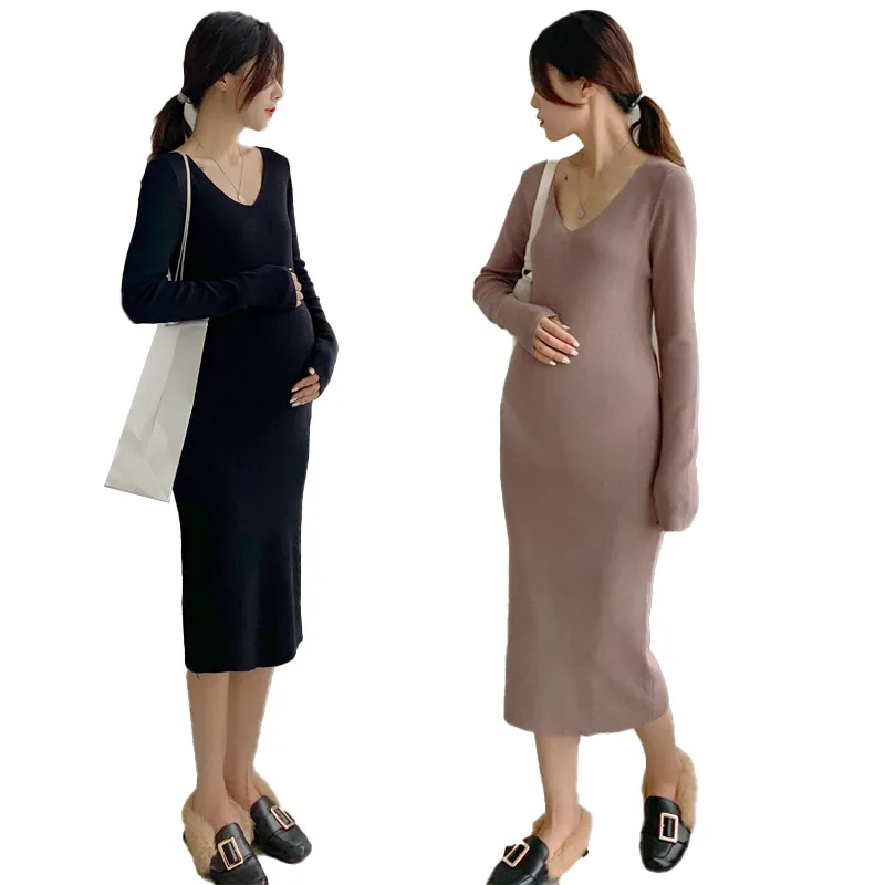 Mid-length Pregnant V-neck Sweater Inside and Outside Wear Mid-length Dress Autumn and Winter New Maternity Knit Dress