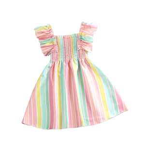 Vestido de Princesa para Niñas, Informal, Transpirable, con Volantes, sin Mangas, Estampado de Rayas de Arcoíris, Dulce y Bonito - Product Image 4