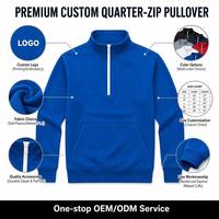 Sweat à capuche personnalisé pour homme, bleu roi, col montant zippé, fermeture éclair blanche contrastante, poche kangourou, en polyester/coton épais, brodé