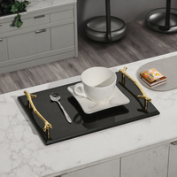 Plateau de service rectangulaire en marbre pour la maison, plateau décoratif pour la table de cuisine, plateau à café inspiré avec poignée en métal en forme de branche, vaisselle et assiettes