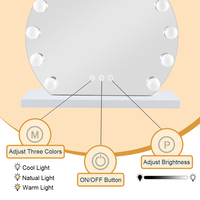 Cermin Rias Bulat Glam Hollywood dengan 10 Lampu Dimmer, Kaca Besar, Kontrol Sentuh, untuk Dekorasi Kamar Tidur dan Meja Rias