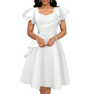 Robe midi blanche pour femme à manches volantées, col cœur, taille ornée de strass, coupe trapèze, élégante, décontractée, pour soirée - Product Image 1