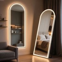 Espejo de Cuerpo Entero Arqueado de Vidrio Templado con Luces LED, Espejos de Pie o de Pared, Espejos de Cuerpo Entero con Iluminación Regulable para Dormitorio