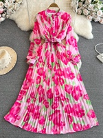 Robe Plissée Imprimée Ceinturée Manches Longues Style Rétro Coupe Cintrée Évasée Élégante Grand Ourlet