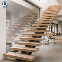 Escalier flottant cantilever de luxe, marches en bois massif sur mesure, support dissimulé, main courante en verre pour maison moderne