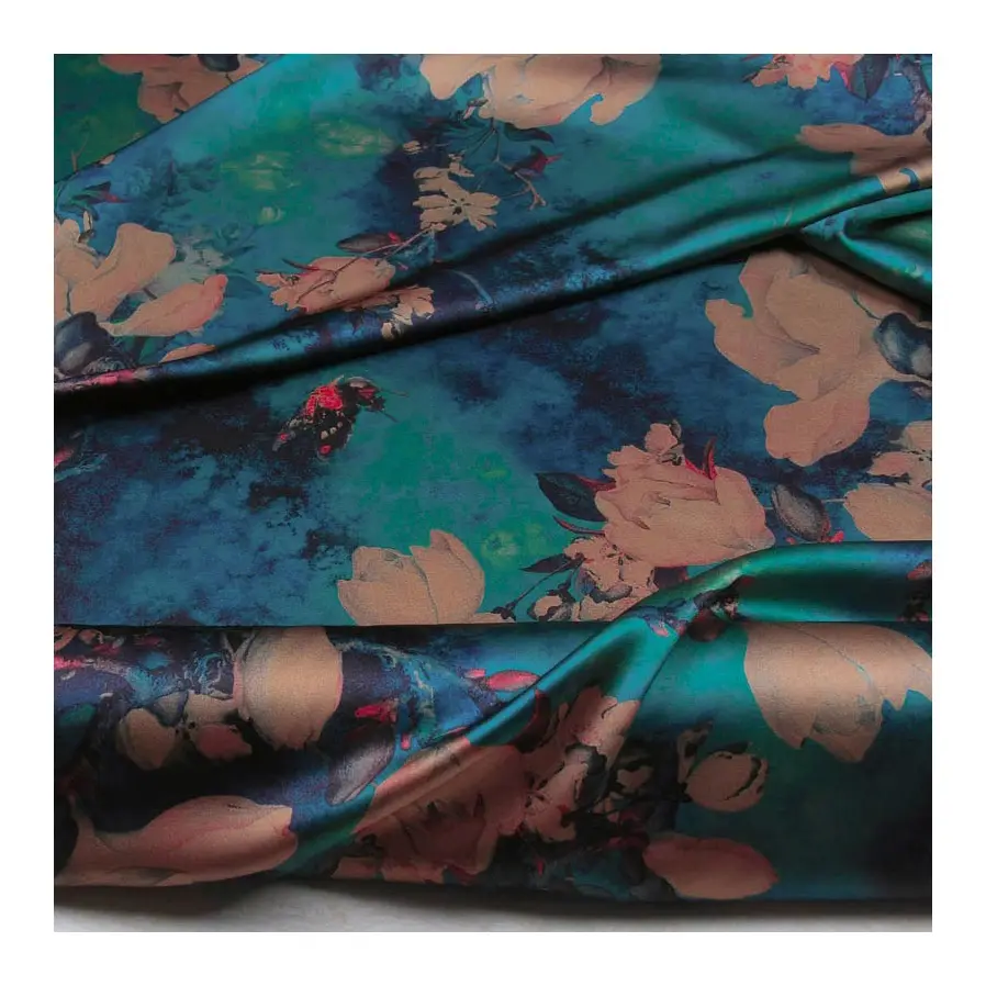 Tela de satén de seda verde azulado puro con estampado digital de fábrica holesale, tela de brocado de seda elástica/spandex