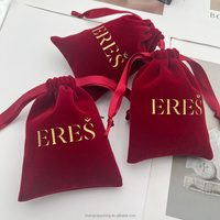Tas Penyimpanan Lipstik Parfum Beludru Mewah dengan Tali Serut, Logo Custom, Cetak Merah, Pouch Perhiasan Kalung Anting dari Beludru Poliester