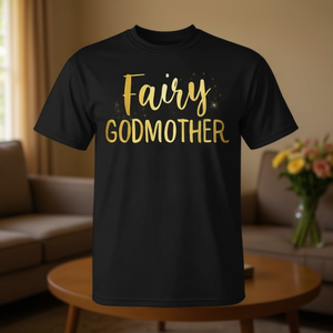 Camiseta Fairy Godmother de algodón negro para mujer, cuello redondo, manga corta, estampado dorado - Product Image 2