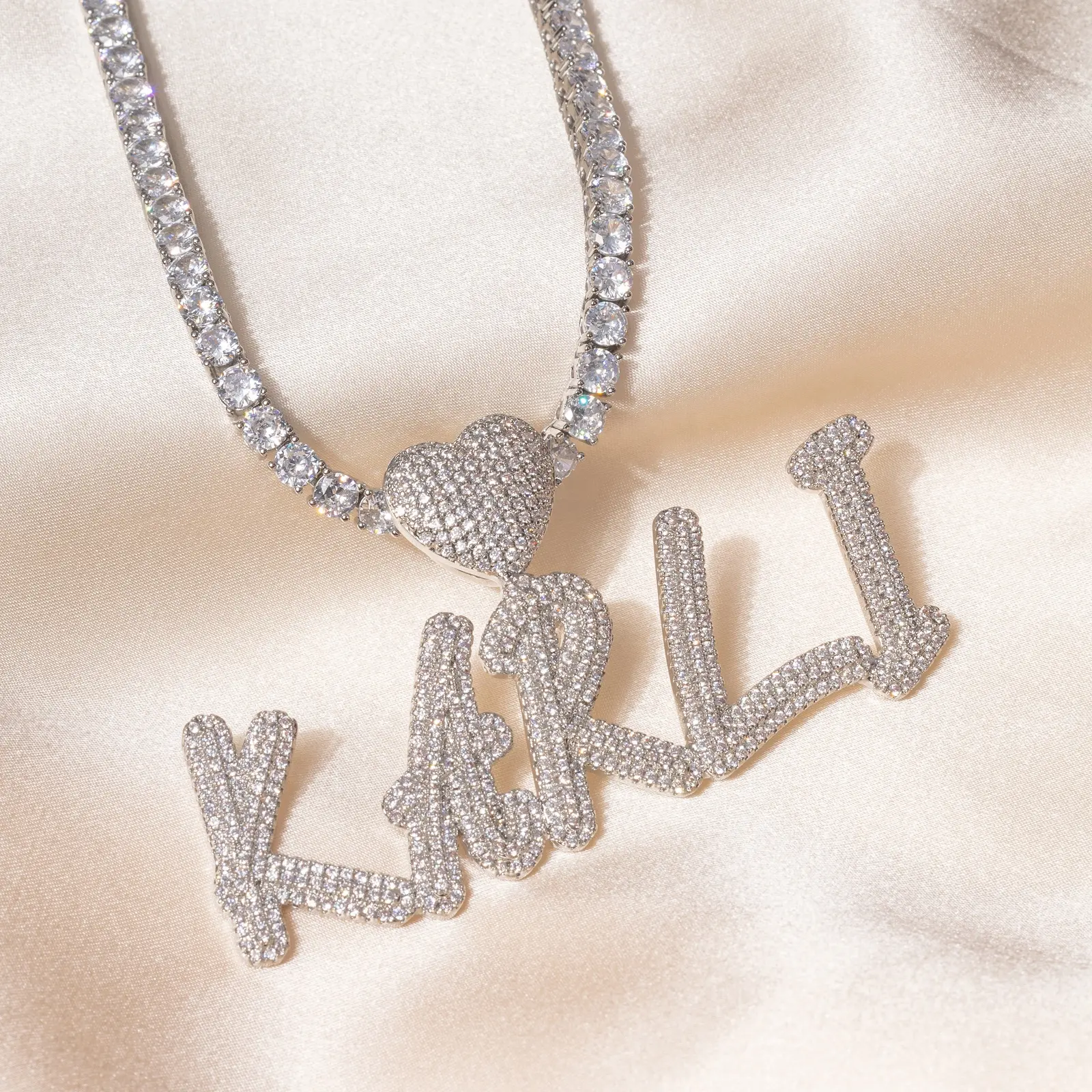 New Arrival Custom Name Necklace Heart Hook CZ Custom Letter Name Pendant Necklace Girls necklace with tennis chain
