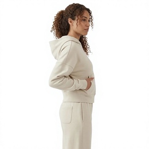 <b>Women's</b> Beige Cropped Zip Up Hoodie And <b>Jogger</b> Pants Tracksuit Set Casual Two Piece <b>Outfit</b> - Product Image 4