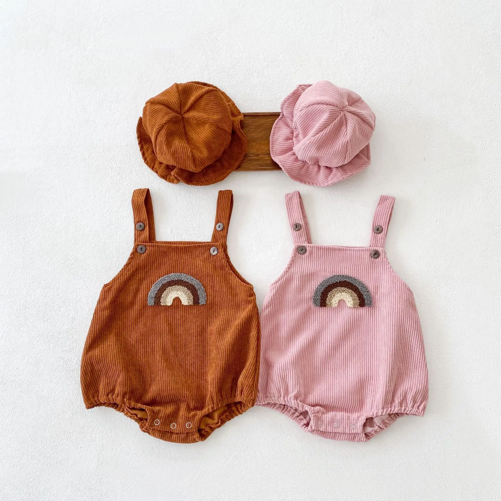 babies corduroy Sleeveless Rainbow suspender romper for babies boy and baby girls 0-3-year-old jumpsuit