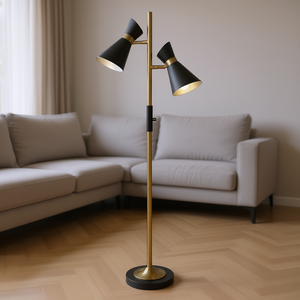 Lampadaire en laiton doré Axis avec abat-jour double cône, base métallique, design mid-century, source lumineuse LED E26, usage résidentiel - Product Image 2