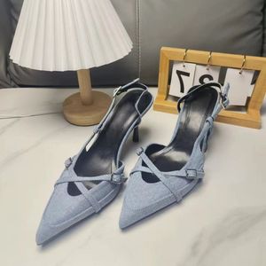 รองเท้าส้นสูงผู้หญิงแบบสลิงแบ็ค ปลายแหลม ผ้าเดนิม ส้นสูง - Product Image 6