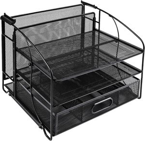 <span class=keywords><strong>Bureau</strong></span> rectangulaire en maille 3 plateaux avec <span class=keywords><strong>tiroir</strong></span> coulissant et porte-fichiers suspendus Organisateur de <span class=keywords><strong>bureau</strong></span> noir - Product Image 1