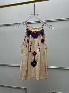 Camiseta sin mangas con cuello halter bordada estilo bohemio vintage francés para mujer, blusa bordada sin mangas - Product Image 2