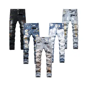 Oem Slim Fit Heren Gescheurde Jeans Custom Paars Designer Merk Gestapelde Denim Goedkope Heren Jeans