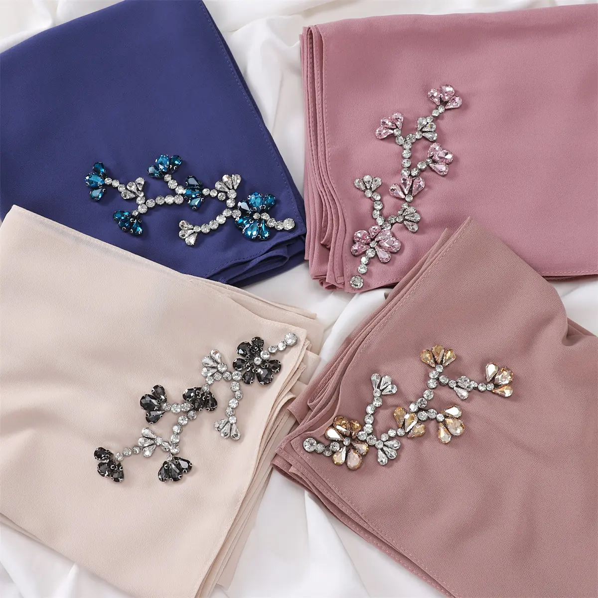 Thiết Kế Sang Trọng Làm Bằng Tay Rhinestone Voan Hijabs Malaysia Thời Trang Đồng Bằng Nặng Pha Lê Voan Chiếc Khăn Với Bead Kim Cương Hijabs