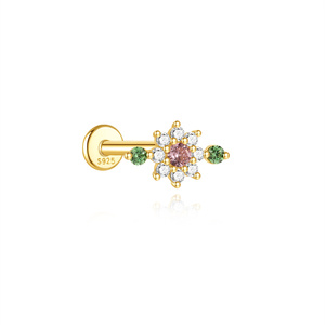Pendiente de cartílago con rosca interna de plata de ley S925 chapada en oro, con parte trasera plana y circonita cúbica de colores. - Product Image 1