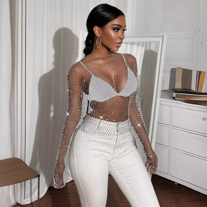 Moda mujer desgaste cuello redondo manga larga <span class=keywords><strong>Camiseta</strong></span> Top mujer Sexy diamantes <span class=keywords><strong>de</strong></span> imitación Fishnet blusa interior camisa <span class=keywords><strong>de</strong></span> fondo verano - Product Image 3